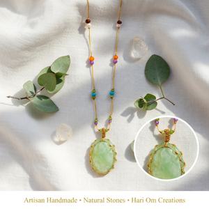 Handmade Green Amethyst Macrame Pendant Necklace Natural Olive Green Gemstone Vintage Healing Crystal Jewelry Adjustable Cord - Product Image 5