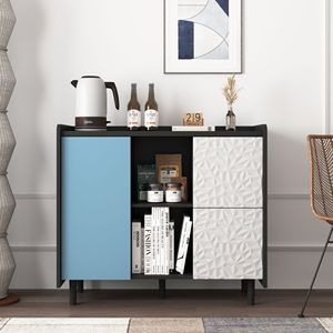 Credenza Nera con Ante Rosse, Design Unico del Pannello, 2 Scomparti Aperti e 2 Cassetti, Mobile da Cucina - Product Image 4