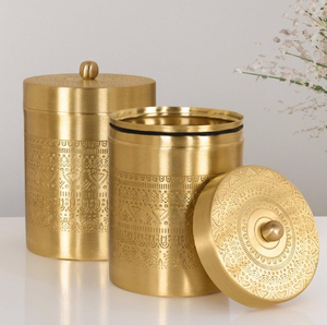 Sleek Contemporary Three-Piece Glossy Metallic Gold Food <b>Canisters</b> Premium Wood Tops Moisture-Proof Freshness Pantry - Product Image 6