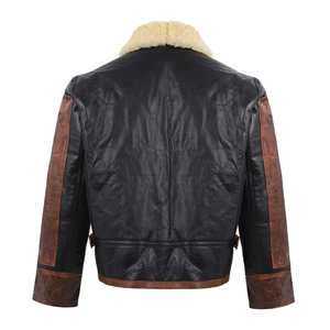 Chaqueta de Cuero Bicolor para Hombre con Cuello de Piel, Abrigo de Piel de Oveja Genuina Marrón y Negra Desgastada, Estilo Motero - Product Image 3