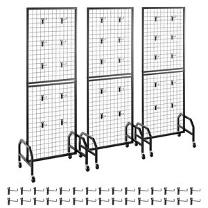 Set di 3 Pannelli a Griglia 1,9 x 5,4 ft con 30 Ganci, Espositore Mobile per Arte, Rastrelliera a Griglia in Filo Metallico Nero con Ruote - Product Image 1