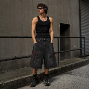 Gothic Cross Denim Jorts Light Wash Black Baggy Y2K Streetwear Summer Woven Mid Waist <b>Red</b> Embroidery Low MOQ Wholesale - Product Image 6