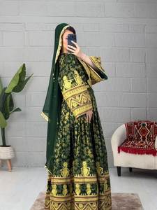 Robe afghane Kuchi verte et jaune brodée à manches longues, longueur ras du sol, coupe trapèze, grande taille, style bohème, robes de mariée pour femmes - Product Image 3