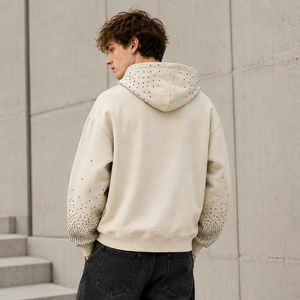 Sweat-shirt à capuche personnalisé pour homme, en polaire ivoire, coupe ample décontractée, avec poches, impression sérigraphique - Product Image 3