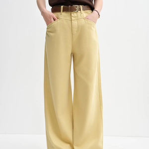 Pantalon large taille haute pour femme, coupe décontractée, couleur unie, en toile, mode automne, longueur complète avec poches - Product Image 1