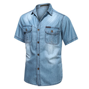 Camisa de Mezclilla de Verano para Hombre, Manga Corta, Algodón Suave, Transpirable, Corte Regular, Estilo Vintage Lavado, Camisa Formal con Doble Bolsillo - Product Image 6