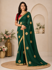 Sari Georgette brodé de fleurs Gota pour femmes, tenue de mariage traditionnelle indienne et pakistanaise, robe longue à séchage rapide - Product Image 1