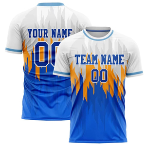 Camiseta de Fútbol Sublimada Personalizada Azul Blanco Naranja Nombre del Equipo 00 Manga Corta Cuello Redondo Ropa Deportiva de Poliéster de Secado Rápido para Hombre - Product Image 1