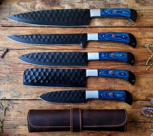 Ensemble de 5 couteaux de cuisine, finition martelée, bord droit, manche en bois bleu - Product Image 3