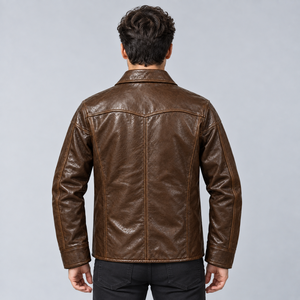 Custom Plus Size Genuine Leather <b>Jacket</b> <b>Men</b> Washed Crinkled Brown Leather <b>Jacket</b> Casual Turn-Down Collar with Pockets - Product Image 3