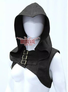 Capucha Medieval de Cuero Negro de Alta Calidad con Drapeado en los Hombros, Correas Ajustables con Hebillas, Armadura de Caballero Vikingo, Disfraz de Halloween - Product Image 5