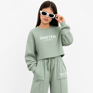 Light Green <b>Cropped</b> Sweatshirt & Wide Leg <b>Jogger</b> Pants Set Crew Neck Sleeveless Casual Tracksuit Drawstring Pockets 2 1 Fleece - Product Image 5
