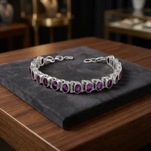 Bracelet tennis en argent sterling 925 avec pierres d'améthyste serties clos, style classique unisexe, bijou de mode, cadeau - Product Image 3