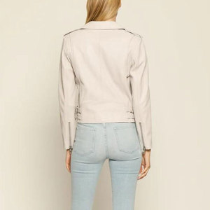 Chaqueta de Motociclista de Cuero Genuino Rosa para Mujer, Manga Larga, Cierre de Cremallera, Cuello Camisero, Color Sólido, Estilo Otoñal - Product Image 4
