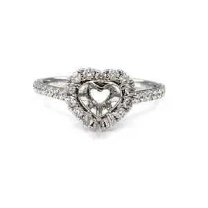 Drop Shipment Jewellery Newest Style 18k Solid White Gold Real Diamond Heart Ring Semi Mount In Heart Shape Halo Ring