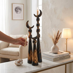 Ensemble de sculptures artisanales en bois teinté foncé en forme de croissant de lune, avec sphères empilées et bases coniques, pour décoration arabe - Product Image 6