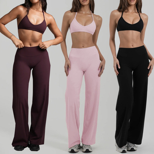 ชุดบราออกกำลังกายไร้ตะเข็บสำหรับผู้หญิง แบบคอวี สายคล้องคอ สีพื้น กางเกงเลกกิ้งเอวสูง ชุดโยคะฟิตเนส รองรับระดับปานกลาง - Product Image 6