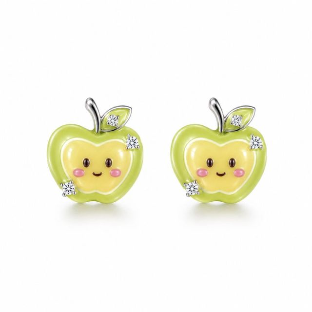 Minimalist Green Enamel Apple Stud Earrings with Custom Zircon Enamel Craft, Creative Piercing Studs for Shopify Sellers