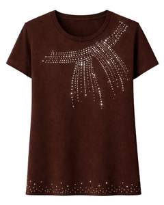T-shirt en coton marron personnalisé pour femme avec strass et pompons, manches courtes, col rond, haut décontracté et tendance pour femme, vente en gros sur mesure - Product Image 1