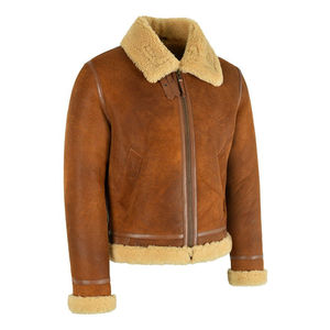 <b>Men's</b> Genuine Leather Bomber <b>Jacket</b> with Sherpa Lining Turn-down Collar Zipper Closure Autumn Moto Style Front Logo Customizable - Product Image 6