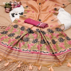 Hermoso Sari de Seda con Tejido Resham, Estampado Floral en Toda la Prenda y Borde con Pallu Floral Tejido con Meena, Proveedor Indio - Product Image 1