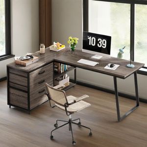 โต๊ะคอมพิวเตอร์อุตสาหกรรมรูปตัว L ขนาด 53 นิ้ว แบบพลิกกลับได้ สำหรับโฮมออฟฟิศ 3 ลิ้นชัก พร้อมชั้นวางสำหรับการเรียนและการเขียน - Product Image 3