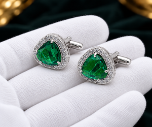 Boutons de manchette personnalisés en émeraude verte pour hommes, boutons de manchette en émeraude de laboratoire, bijoux plaqués or et argent, vente en gros - Product Image 6