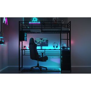 Letto a soppalco in metallo nero, doppia piazza, con scrivania a LED e 4 ripiani contenitore - Product Image 5