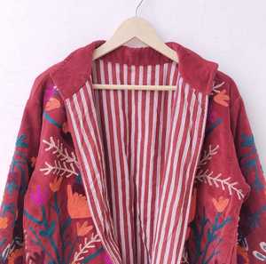 Veste en velours rouge brodée de fleurs pour femmes, style bohème, col mandarin, manteaux pour femmes, veste bohème pour femmes, col mandarin, velours rouge - Product Image 5