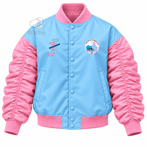 แจ็คแอนด์จิล ออฟ อเมริกา เสื้อแจ็คเก็ตวาร์ซิตี้ผ้าซาตินสีบล็อกสำหรับผู้หญิง กระดุมแป๊ก แขนพองจับจีบ เสื้อแจ็คเก็ตบอมเบอร์สไตล์วิทยาลัย - Product Image 1