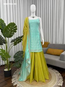 Ensemble prêt-à-porter haut et dupatta en soie Chinon de créateur, avec broderie de fils à paillettes, sans manches, coupe élastique, fournisseur indien - Product Image 6