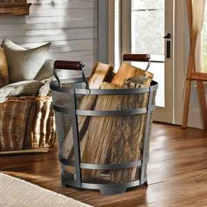Heavy Duty Black Metal Mesh Firewood <b>Basket</b> with Round Wood Handles Indoor Outdoor Log Carrier Decorative Hearth Storage Bin - Product Image 1