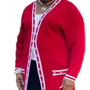 Red White Long <b>Duster</b> Cardigan Winter Wool/Cashmere for Sorority Knit Sweater Open Front V Neck Classic Contrast - Product Image 4