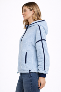 Sudadera con capucha de forro polar Sherpa azul cielo para mujer, jersey cómodo con media cremallera y ribete en contraste, textura suave y afelpada, detalle de bolsillo frontal - Product Image 3