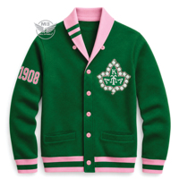 Nouveau cardigan en cachemire acrylique vert et rose pour femme, style preppy hivernal, avec lettres brodées, manches longues et col cranté simple