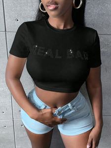 Camiseta Corta de Mujer Estilo Y2K con Pedrería, Ajustada, de Manga Corta, de Algodón, Informal, con Estampado Gráfico Brillante, para Verano - Product Image 5