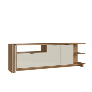 Meuble TV de style moderne CARMENERE 3 portes en bois pour salon, en panneaux de particules, finition Naturelle/Cristalo, design brésilien haut de gamme - Product Image 1