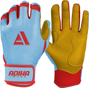 Wholesale Leather Baseball Batting <b>Gloves</b> Sky Blue <b>Red</b> Short Cuff Anti-Slip Hook Loop Closure High Quality Customizable Adiha - Product Image 3