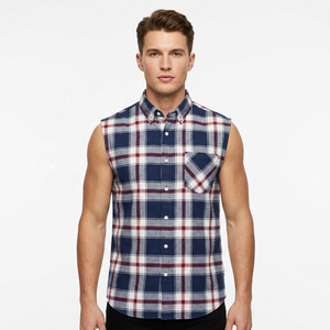Chemise en flanelle à carreaux bleu marine pour homme, sans manches, col boutonné, décontractée, en coton respirant, pour le printemps, fabriquée sur mesure - Product Image 1