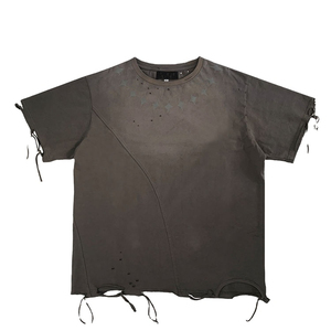 Custom Men Brown Acid Wash Cotton T-<b>Shirt</b> Distressed Ripped Vintage Tee Boxy Fit Neck <b>Star</b> Print Streetwear High Quality 220g - Product Image 3