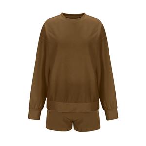 Custom Women's Casual Loose Fit Sweating Hoodies Shorts Sets Solid Color Crew Neck Breathable Polyester 2-Piece All Seasons OEM - Product Image 3