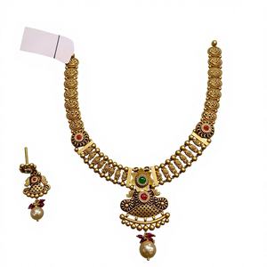 Conjunto de Collar de Oro Sólido de 22k, Joyería Antigua de Templo, Gargantilla de Oro Amarillo Real con Pendientes, Conjunto de Joyería Nupcial para Mujer - Product Image 1