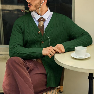 Cardigan en laine verte pour homme, col en V, manches longues, tricot épais, fermeture boutonnée, vêtement d'automne - Product Image 3