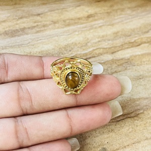 Hot Selling Flower Shape Brass <b>Ring</b> Tiger Eye Gold Plated <b>Statement</b> <b>Ring</b> Vintage Tribal Boho Floral Design Wholesale Women <b>Ring</b> - Product Image 2