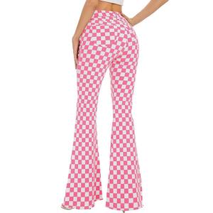 Pantalon évasé à carreaux rose et blanc pour femme, taille haute, coupe ample, décontracté, longueur intégrale, avec poches et fermeture boutonnée - Product Image 2