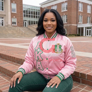 Veste GREEK AKA personnalisée en satin rose et vert pour femmes, et veste bomber respirante en tricot brodé pour femmes. - Product Image 5