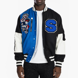 Chaqueta Varsity para Hombre, Azul, Negro y Blanco, con Parches, Botones, Resistente al Viento, Invierno, 100% Poliéster, Cuello Camisero, Estilo Casual, Corte Regular - Product Image 1
