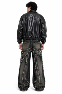 Mens Washed Black Distressed Cargo Denim Jeans Wide Leg Streetwear <b>Pants</b> Multi Pocket Utility Designer Jeans Vintage Fade Heavy - Product Image 3