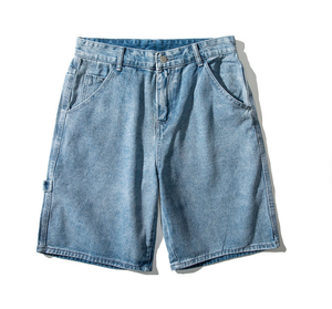 Shorts Bermuda en jean taille haute pour homme, bleu uni, en coton, décontracté, avec fermeture boutonnée et poches, tissu délavé - Product Image 1