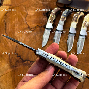 Couteau pliant artisanal de haute qualité en acier Damas, pointe tombante, épaisseur 0,5 mm, verrouillage arrière, manche en corne de cerf, pour activités de plein air, EDC, chasse, fabrication usine - Product Image 5